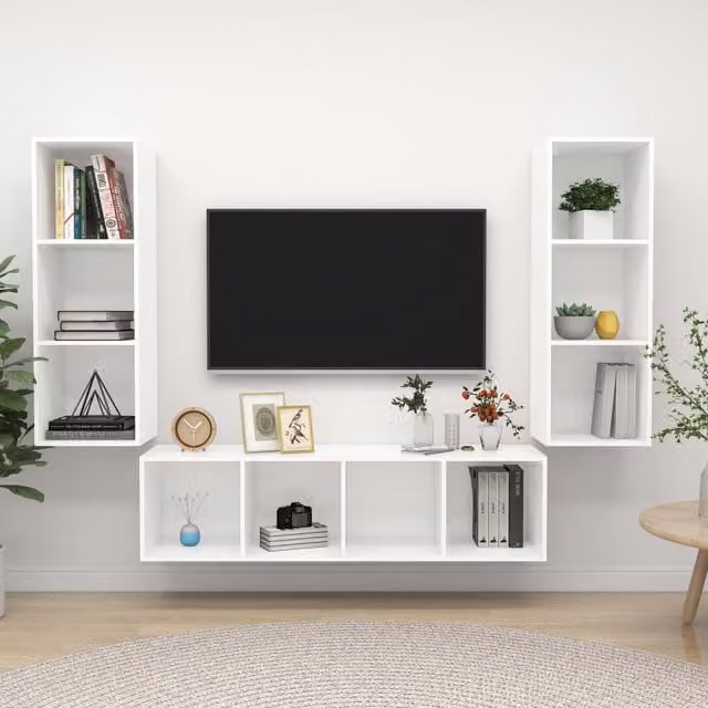 Berkfield Home 3 Piece White Matt Minimalist TV Cabinet Set with Lowboard and Internal Shelves