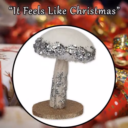 VFM e-Store Christmas Velvet Mushroom Tabletop Decoration in Silver and White, H: 13 cm x W: 9 cm – 5