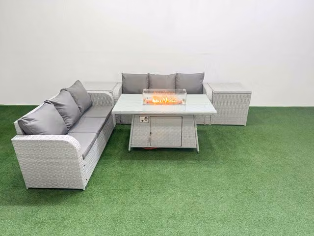 Fimous 6 Seater Wicker Rattan Garden Furniture Set with Firepit Dining Table and 2 Side Tables in Light Grey
