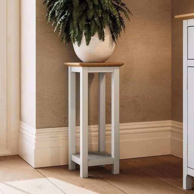 FWStyle Modern Painted Side Table with Oak Effect Top and Shelf in Beige and White