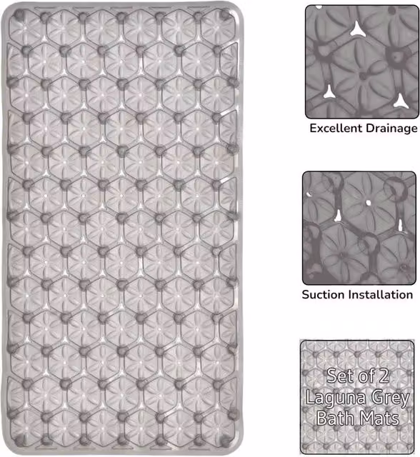 Showerdrape Laguna Anti Slip Grey PVC Bath Mat, 2 Pack, W: 68 cm, D: 37 cm – 1