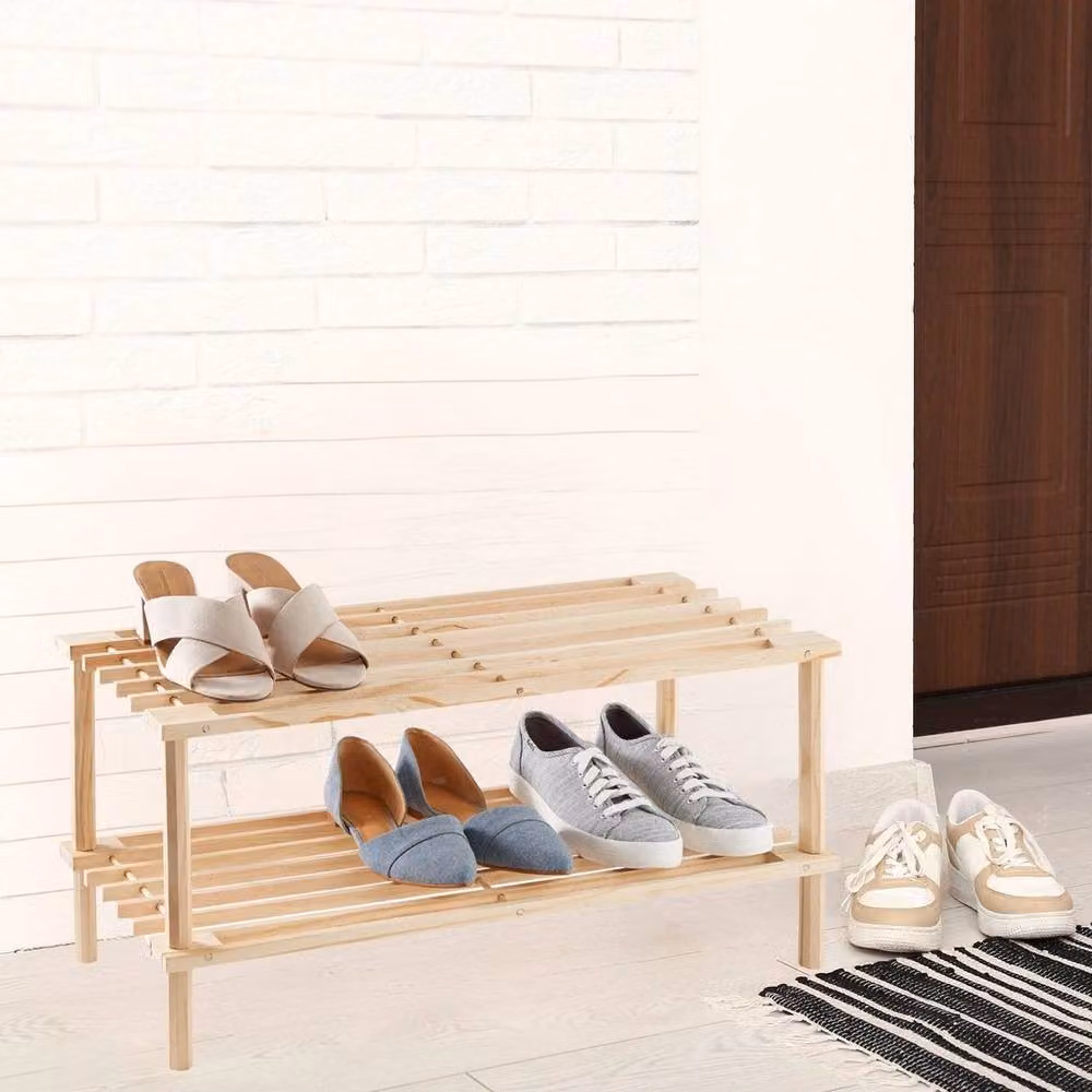 Kelvenix 2 Tier Wooden Shoe Rack and Storage Bench in Brown/Beige – 2