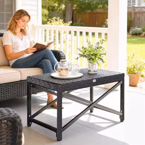 Outsunny Outdoor Coffee Table and Garden Side Table with PE Rattan and Plastic Board, Black, W/D/H: 40 x 40 x 43 cm – 8