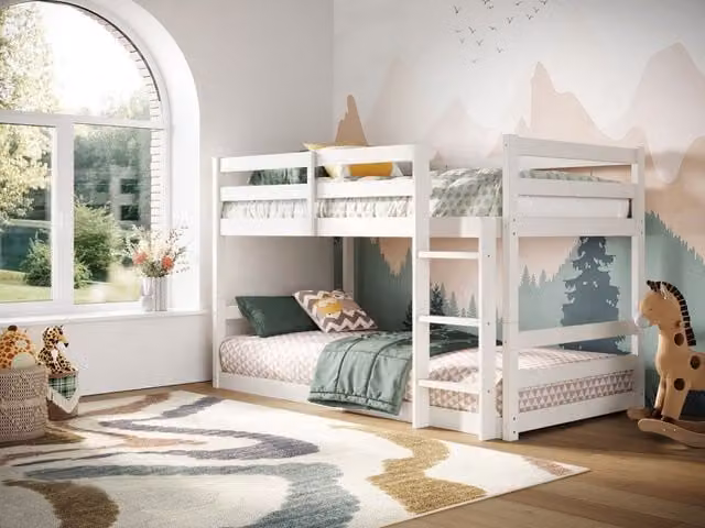 Flair Shasha Low Bunk Bed in White, Solid Wood, Single Size, W/D/H: 90 x 200 x 197 cm