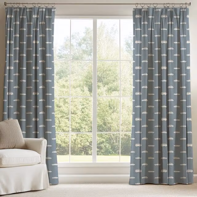 ANTE DECOR Made To Measure Vintage Cars Printed Blackout Cotton Curtains in Denim Blue