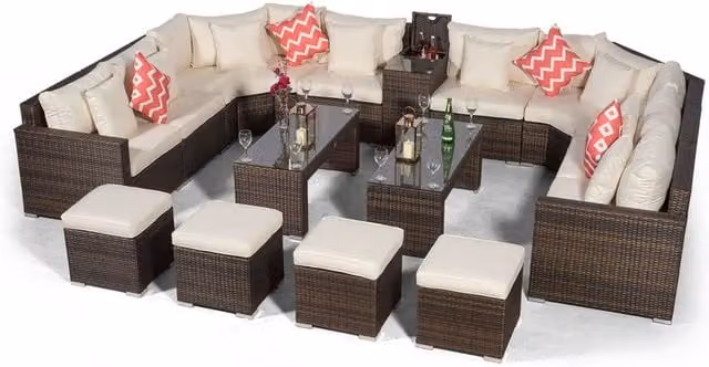 Giardino Santorini 8 Seat Brown Rattan Sofa Set with Ice Bucket, 2 Coffee Tables and Stools