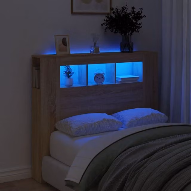 Berkfield Home Sonoma Oak LED Headboard in Brown with Integrated Lighting, Shelf and USB Charging Port, W/D/H: 120 x 18.5 x 103.5 cm