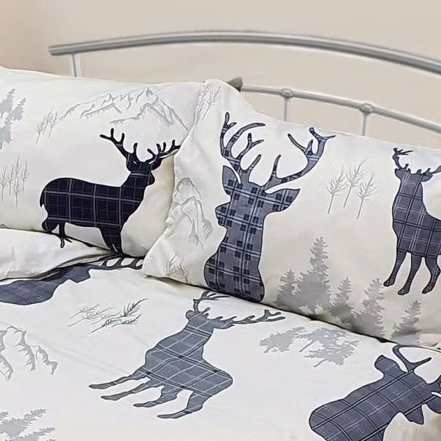 My Home Reversible Checked Animal Print Pillow Case Pair in Grey and Blue