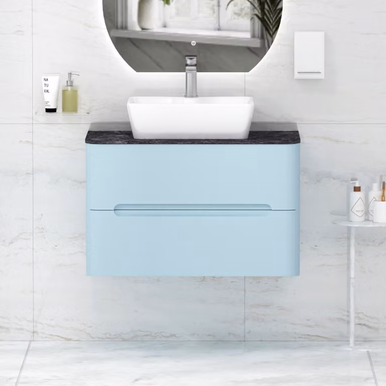 Royal Bathrooms Venice 800mm Wall Hung Vanity Unit with 2 Drawers and Cube Basin in Powder Blue and Black Star Worktop