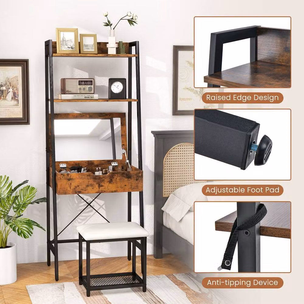 CASART Ladder Dressing Table Set with Stool and Flip-up Mirror in Brown – 5