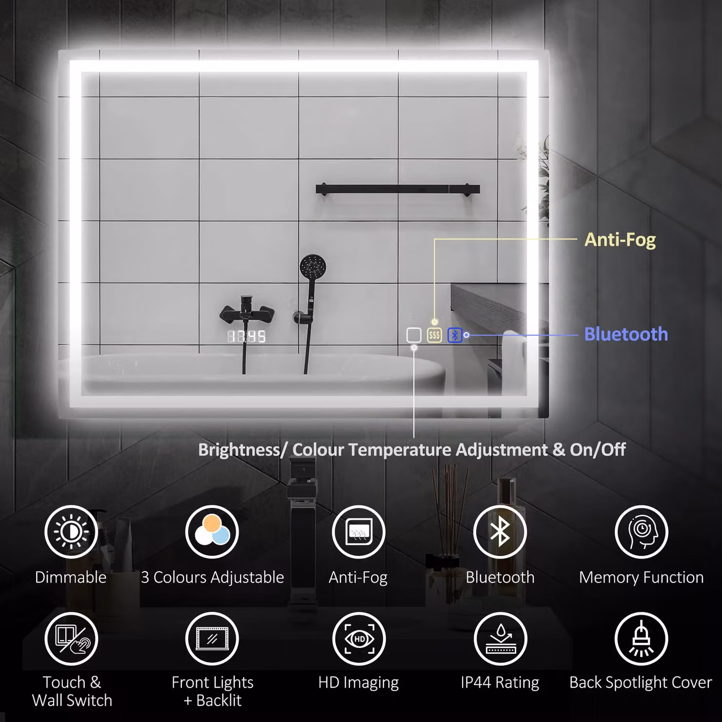 HOMCOM Silver Rectangular Bathroom Mirror with Bluetooth, Clock, LED Lights and Demister Pad, W: 80 cm, H: 60 cm – 4