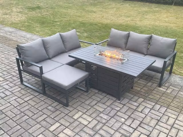 Fimous 7 Seater Outdoor Garden Furniture Set with Gas Fire Pit Dining Table and Large Footstool in Dark Grey Powder Coated Aluminium