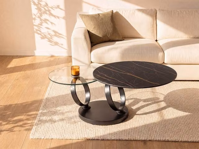 Vente-unique Modern Round Coffee Table with Rotating Ceramic and Transparent Glass Trays in Black