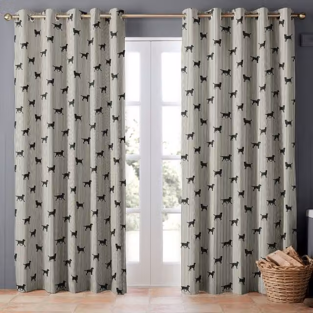 Emily Bond Made to Measure Blackout Cotton Eyelet Curtain Panel in Black and Grey Striped Pattern