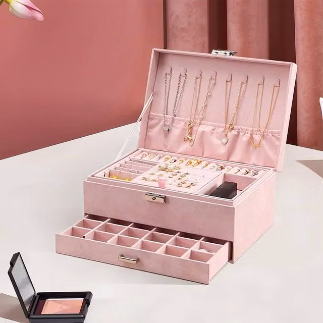KORVIXA Pink 3 Layer Large Fabric Jewellery Box, Width: 50 cm