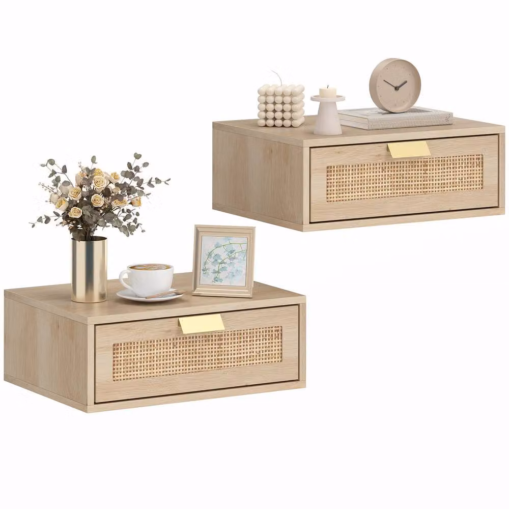 HOMCOM Set of 2 Boho Wall Mounted Floating Bedside Tables with Rattan Drawers in Beige and Sand, W: 40 cm, D: 30 cm, H: 30 cm – 2