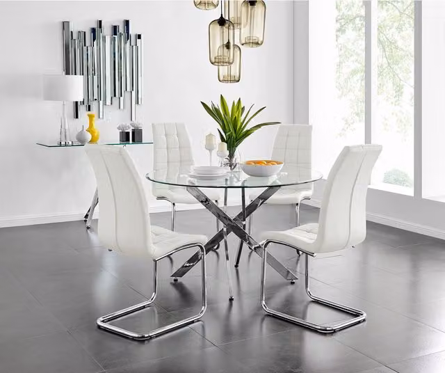 FurnitureboxUK Novara Round Glass Dining Table and 4 Murano Chairs Set in White with Chrome Metal Frame, Diameter: 120 cm