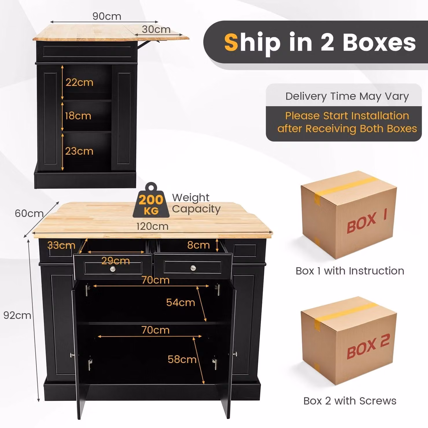 Costway Kitchen Island Storage Cupboard with Drop Leaf Countertop and 2-Door Cabinet in Black – 2