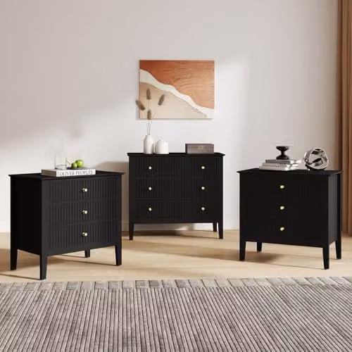 Melody Maison Hales Black and Gold 3 Drawer Chest of Drawers and Pair of Bedside Tables