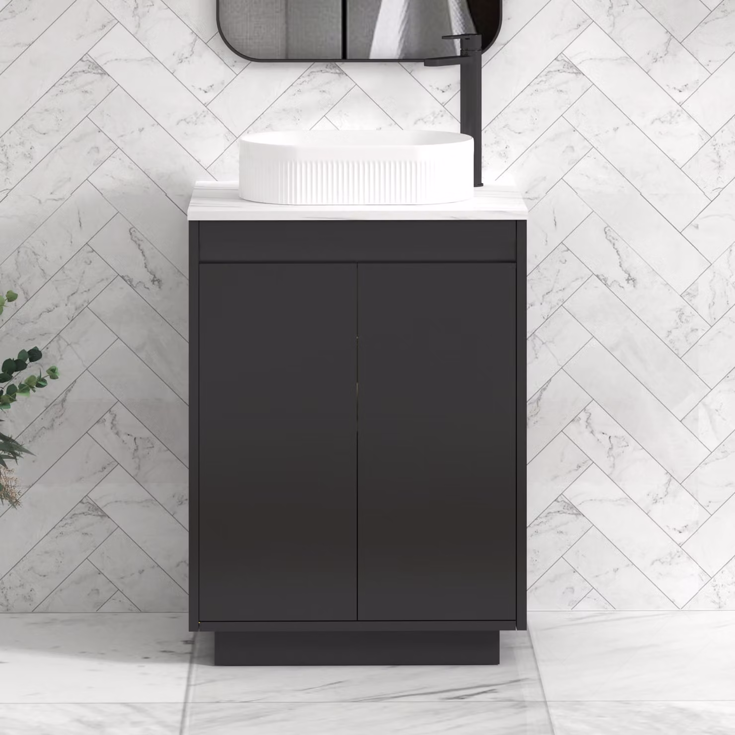 Royal Bathrooms Orion 600mm Matt Obsidian Black Floor Standing 2 Door Vanity Unit with Lyon Basin and Black Accent Trim