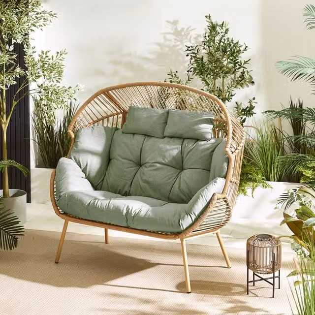 FurnitureboxUK Green Outdoor Double Egg Chair with Cushions and Weatherproof Cover
