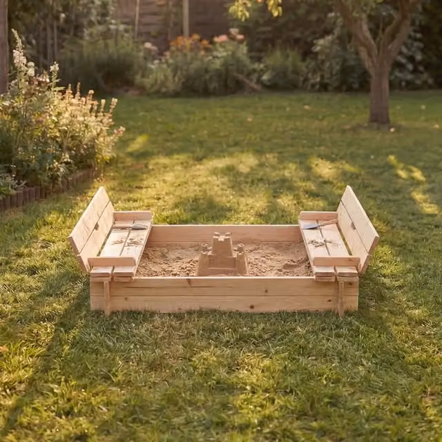Charles Bentley Children's Wooden Sandpit with Fold-Down Benches in Brown, W/D/H: 120 x 120 x 23 cm