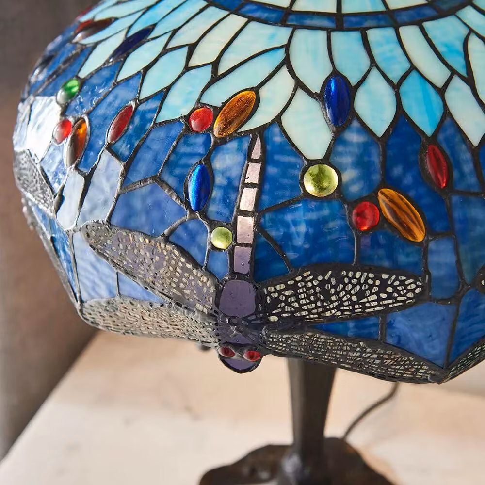 Loops Tiffany Glass Table Lamp with Blue Dragonfly Shade and Dark Bronze Base – 4