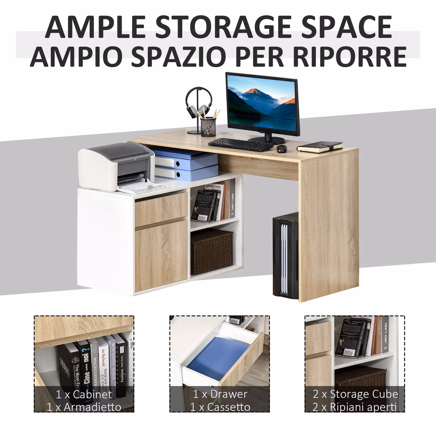HOMCOM L-Shaped Corner Computer Desk in Oak and White with Storage Shelf and Drawer for your Home Office – 3