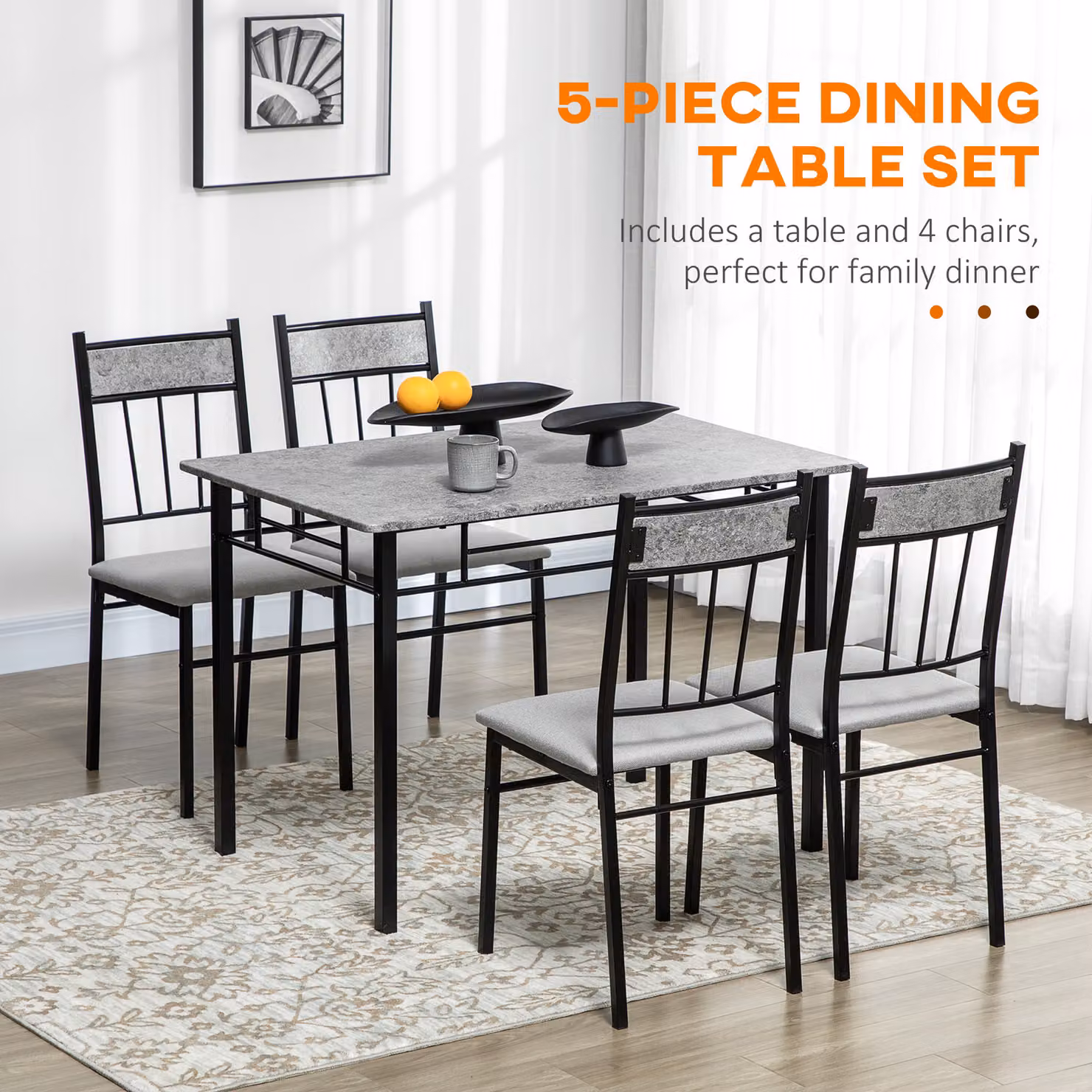HOMCOM 5 Piece Modern Dining Room Set with Marble Effect Tabletop and Padded Chairs in Light Grey – 4