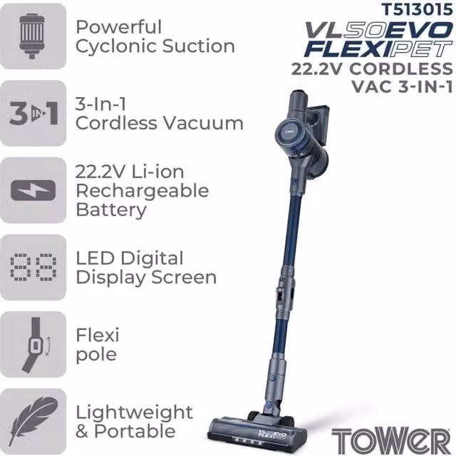 Tower T513015 VL50 Pro Performance 3-in-1 Cordless Bagless Vacuum Cleaner with Cyclonic Suction, 1L Capacity, Turbo Pet and Upholstery Brush, 150W, Purple and Grey – 1