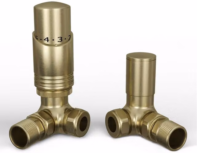 UK Radiators Talus Bold Brushed Brass Thermostatic Radiator Valve and Lockshield Angled Set