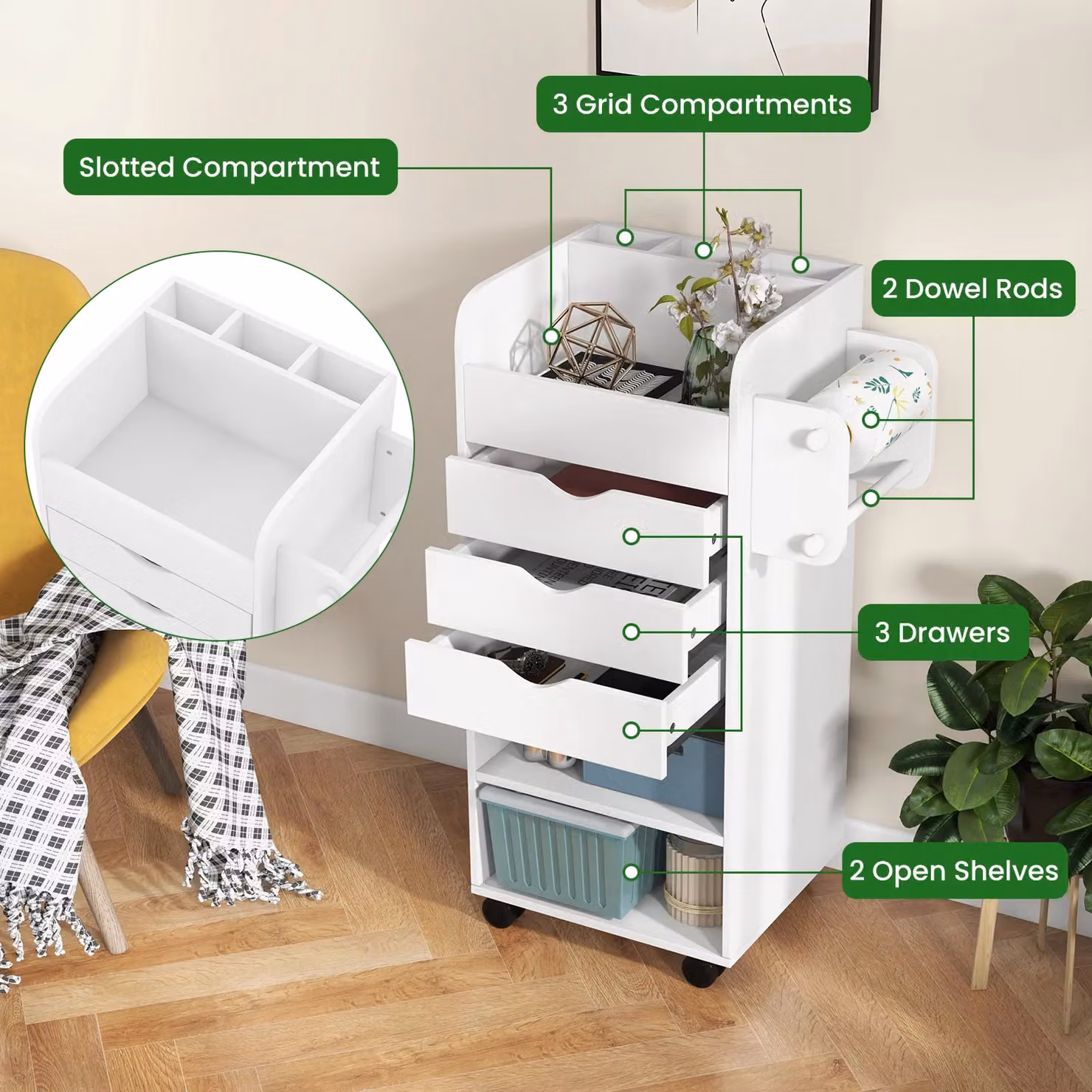 Gymax Rolling File Storage and Craft Utility Cart with 3 Drawers and Dowel Rods in White – 3