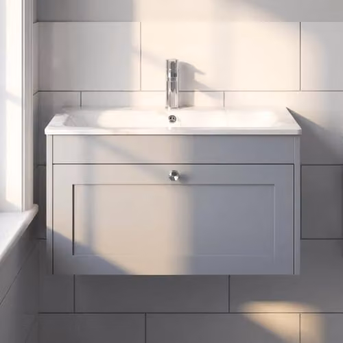 Balterley Wall Hung Grey Bathroom Vanity Unit with Rectangular Basin and Soft Close Single Drawer, W: 80 cm, D: 45.3 cm, H: 43.1 cm – 2