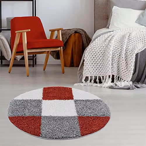 THE RUGS Modern Multicolour Checked Shaggy Round Area Rug, Diameter: 120 cm – 3