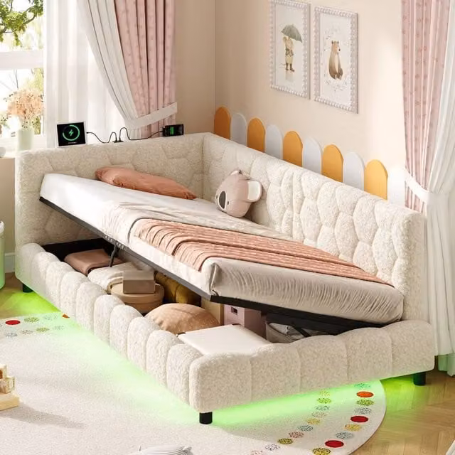 Matteo 3ft Single Hydraulic Storage Bed with Hexagon Tufted Headboard in Beige Bouclé Fabric, W/D/H: 90 x 190 cm