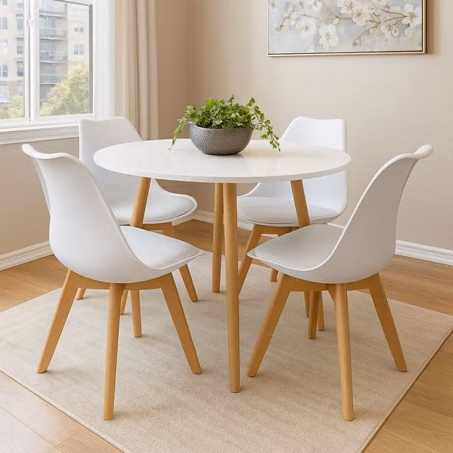 Kosy Koala Round Kitchen Dining Table Set with 4 Tulip Chairs in White Wood – 1