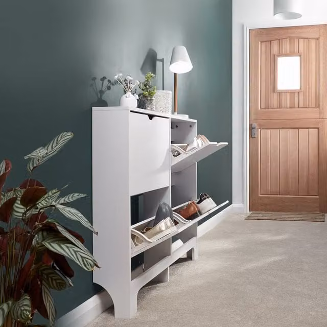 GFW Osaka White 4 Drawer Narrow Shoe Cabinet with Tilting Compartments – 1
