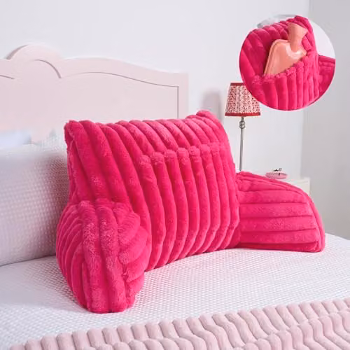 OHS Faux Fur Ribbed Reading Pillow with Heatable Pocket in Pink