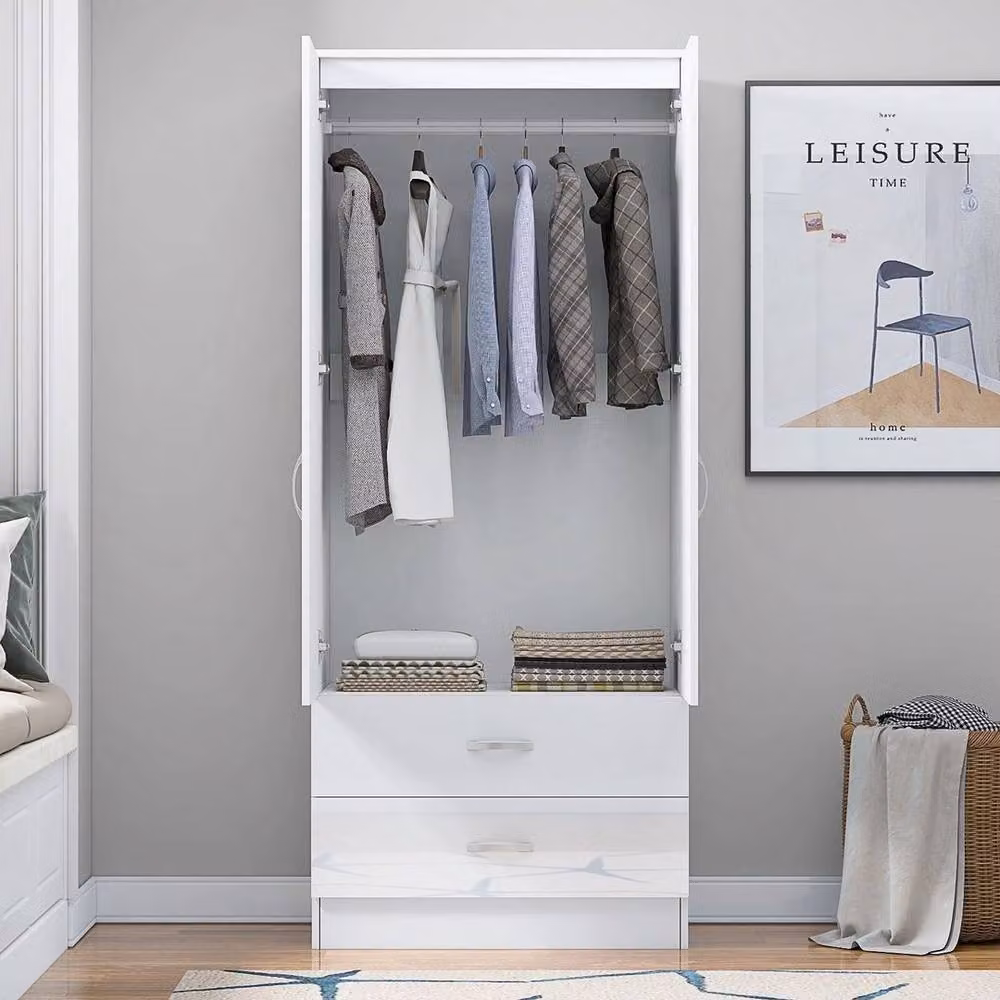 FLAVORA Modern High Gloss White Wardrobe with 2 Doors and 2 Drawers, H 180 cm x W 76 cm x D 60 cm – 2