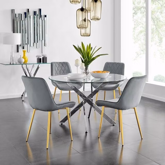 FurnitureboxUK Novara Gold Round Glass Dining Table and 4 Pesaro Gold Leg Chairs in Grey