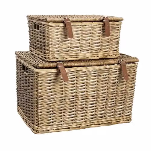 JVL Handmade Wicker Hampers with Faux Leather Straps, Set of 2 in Brown and Sand, W/D/H: 36.0 x 32.0 x 36.0 cm – 1