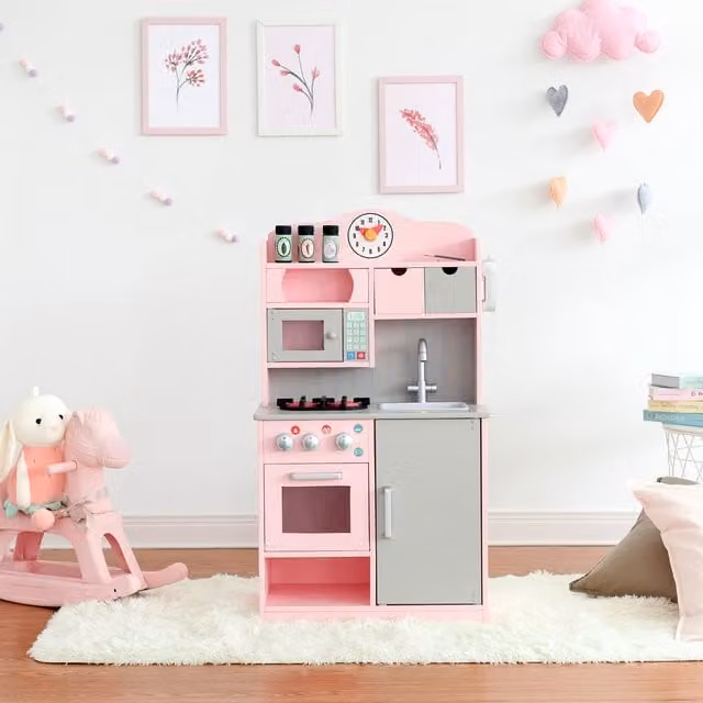 Teamson Kids Interactive Wooden Play Kitchen in Pink, White, Red and Grey