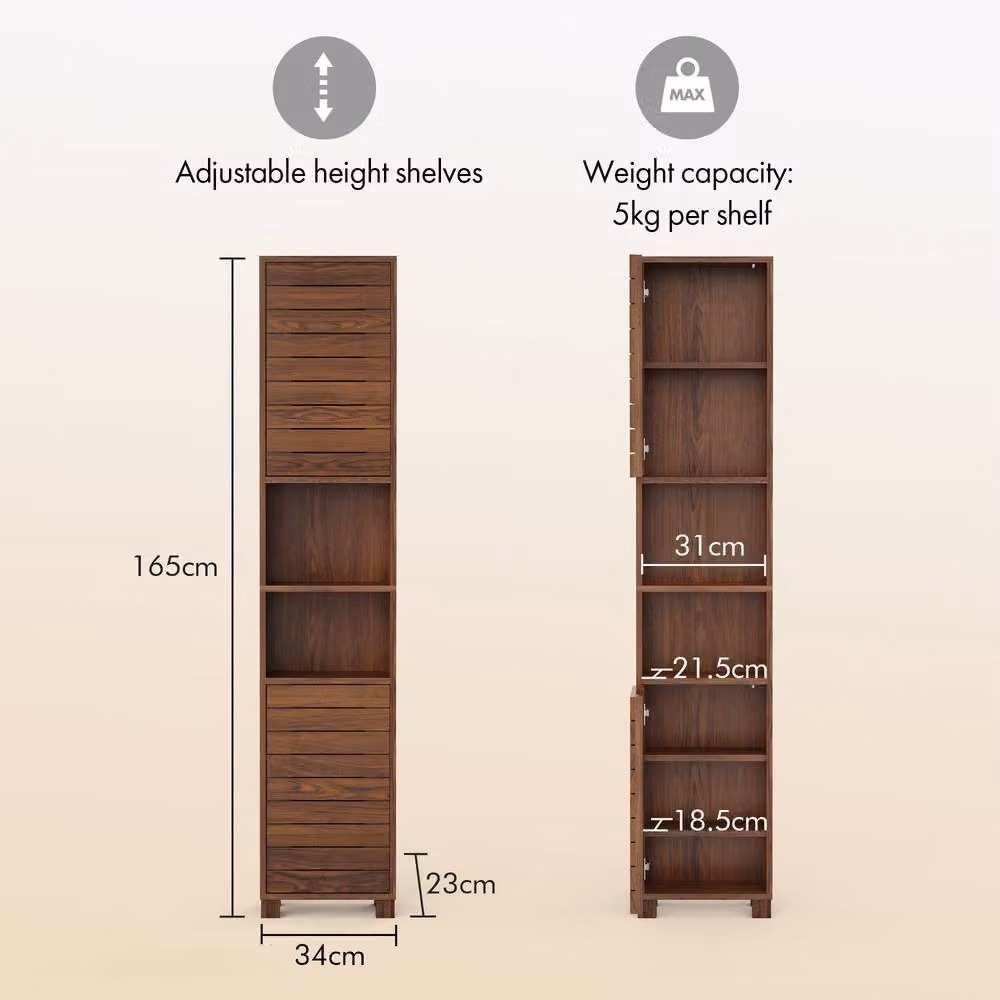 VonHaus Chester Freestanding Wood Tall Bathroom Storage Cabinet in Brown, H 165 x W 34 x D 23 cm – 4