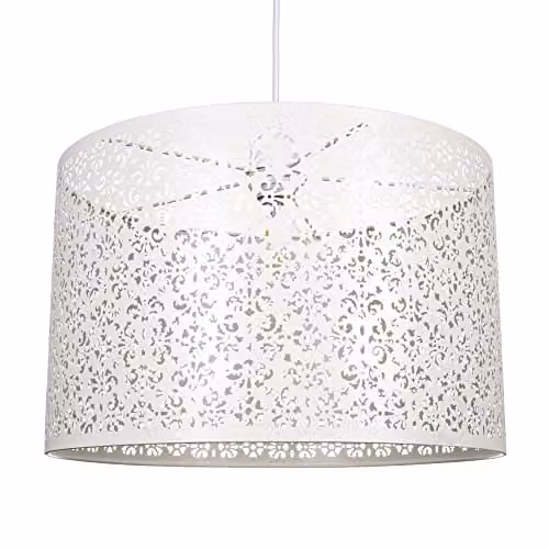 Happy Homewares Moroccan Designed Round Metal Pendant Light Shade in Cream with Floral Decoration, Diameter: 40 cm