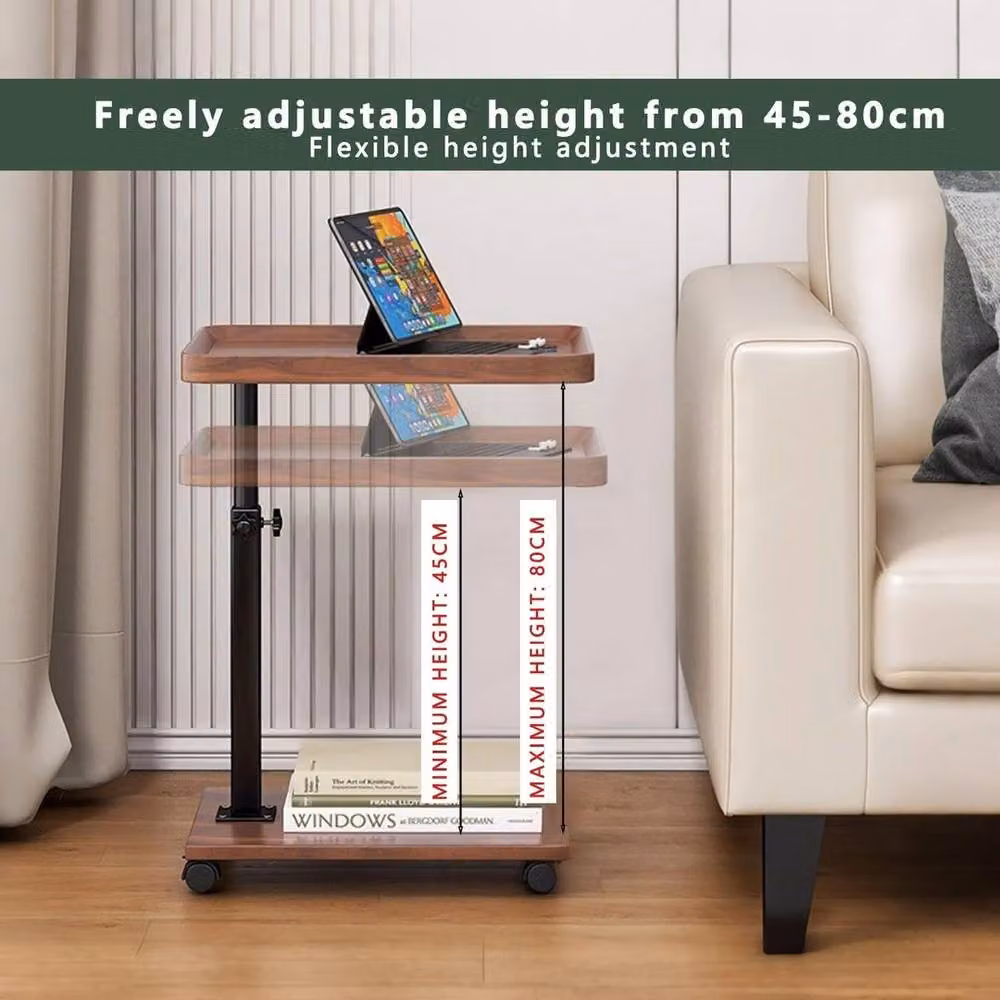FORGEVIO Adjustable Side Table with Wheels and Rotating Top in Brown, Height: 45 - 80 cm – 4