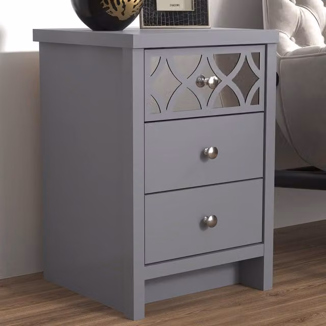 GFW Arianna Glossy Grey Wooden 3 Drawer Bedside Table with Mirror Top – 2