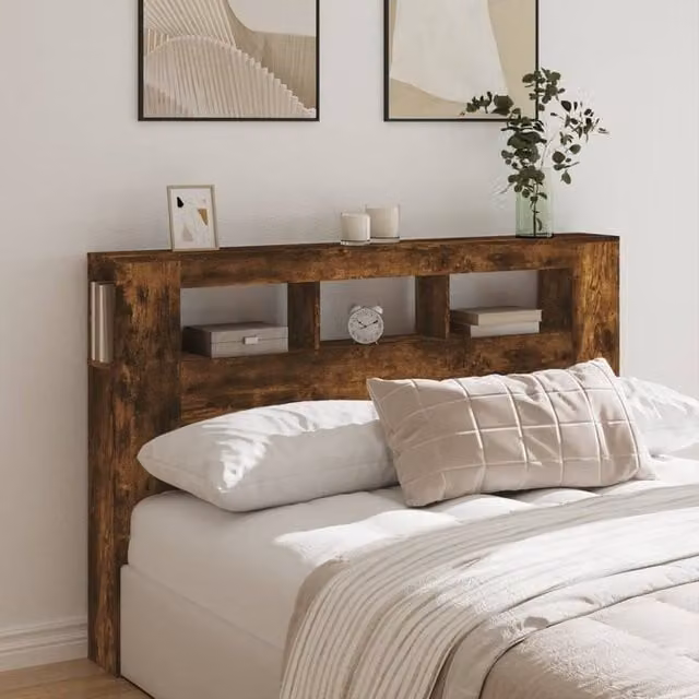 Berkfield Home LED Headboard in Smoked Oak Brown with Integrated Lighting and Shelf, W: 160 cm, D: 18.5 cm, H: 103.5 cm – 1