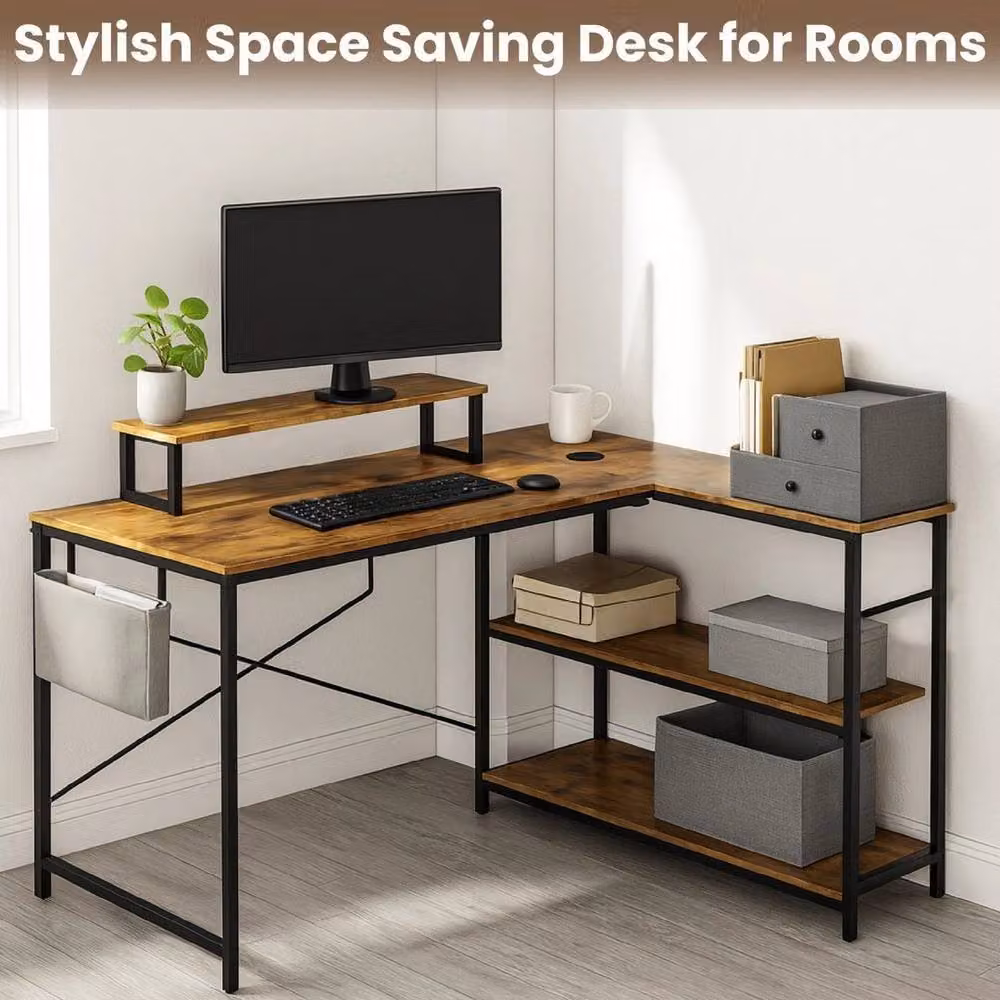 EONLION L-Shaped Corner Home Office Computer Desk in Brown – 2