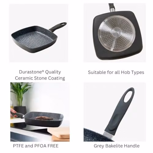 Durastone Grey Ceramic Non-Stick Square Grill Pan, 24 cm – 4