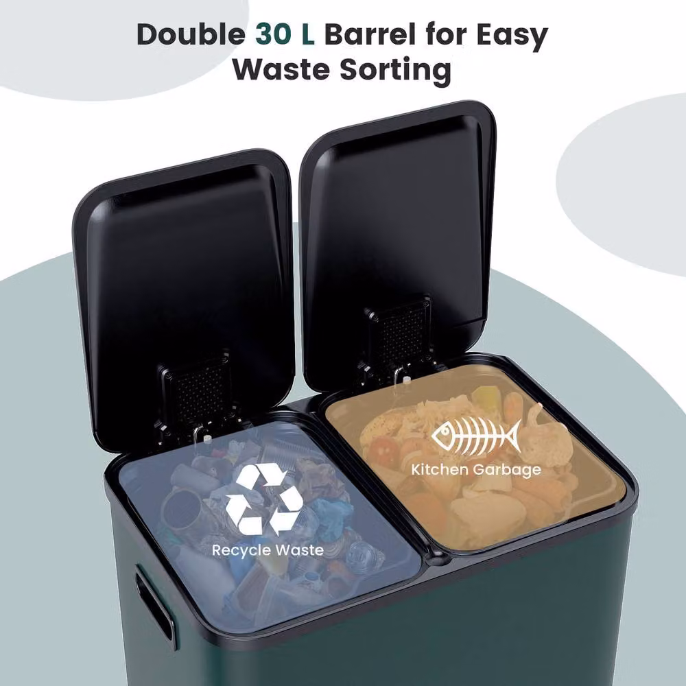 Gymax 60L Step Trash Can with Dual 30L Removable Liners in Green – 4